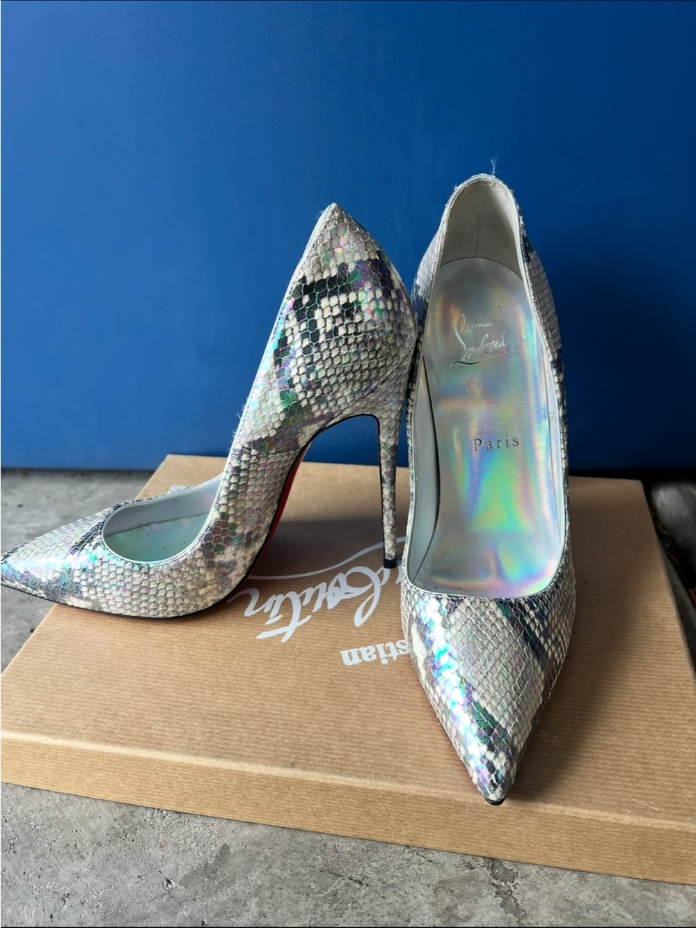 Christian Louboutin Iridescent Snakeskin Pointed Toe Pumps - Multi-Silver - Picture 2 of 3
